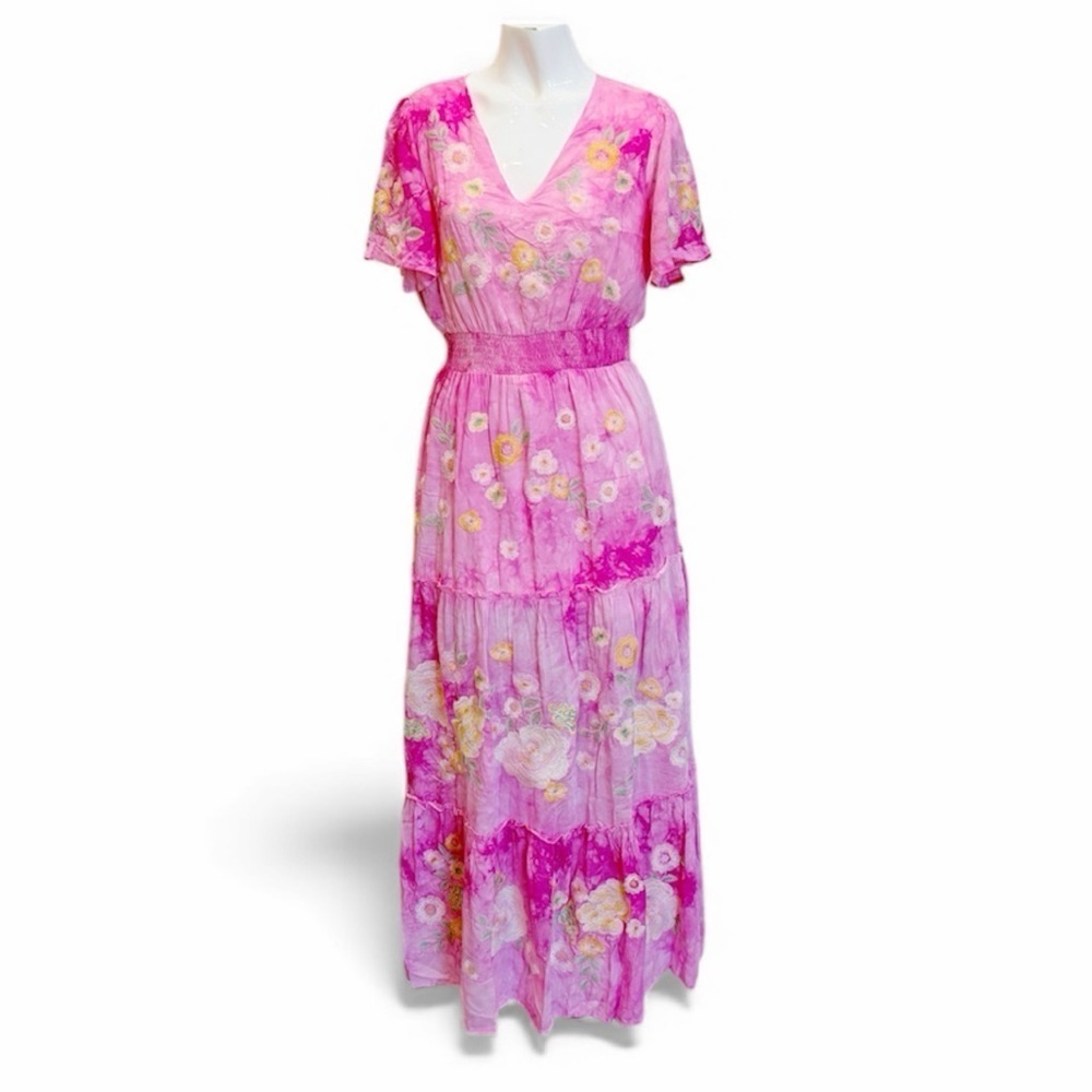 Savanna Jane Pink Tie Dye Embroidered Maxi Dress Boho Peasant V-neck Smocked